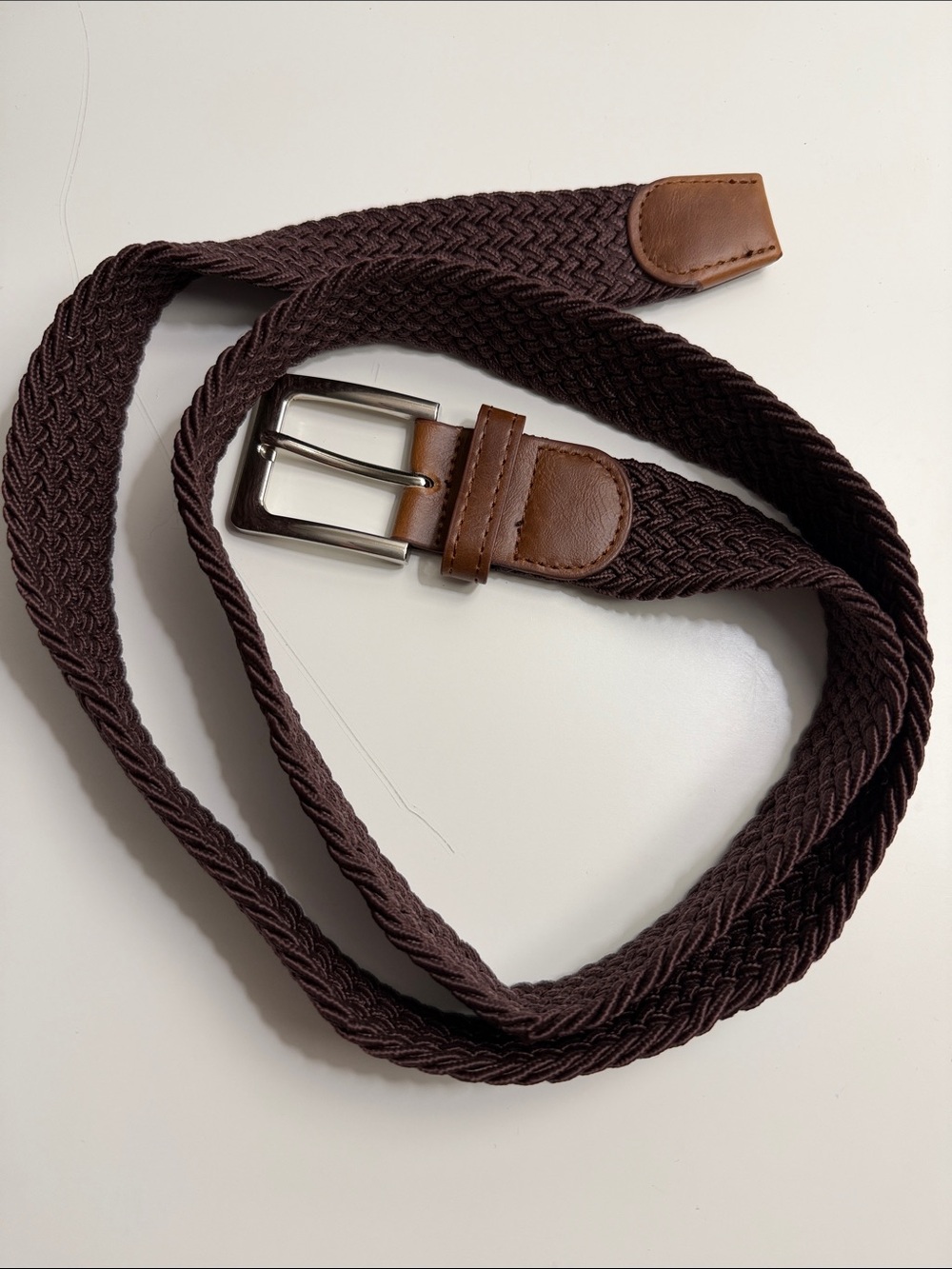 Men's Brown Woven Stretch Belt with Leather Trim
